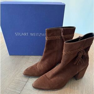 Stuart Weitzman Tazxie Block Heel Boots Walnut Brown Suede Sz 7M